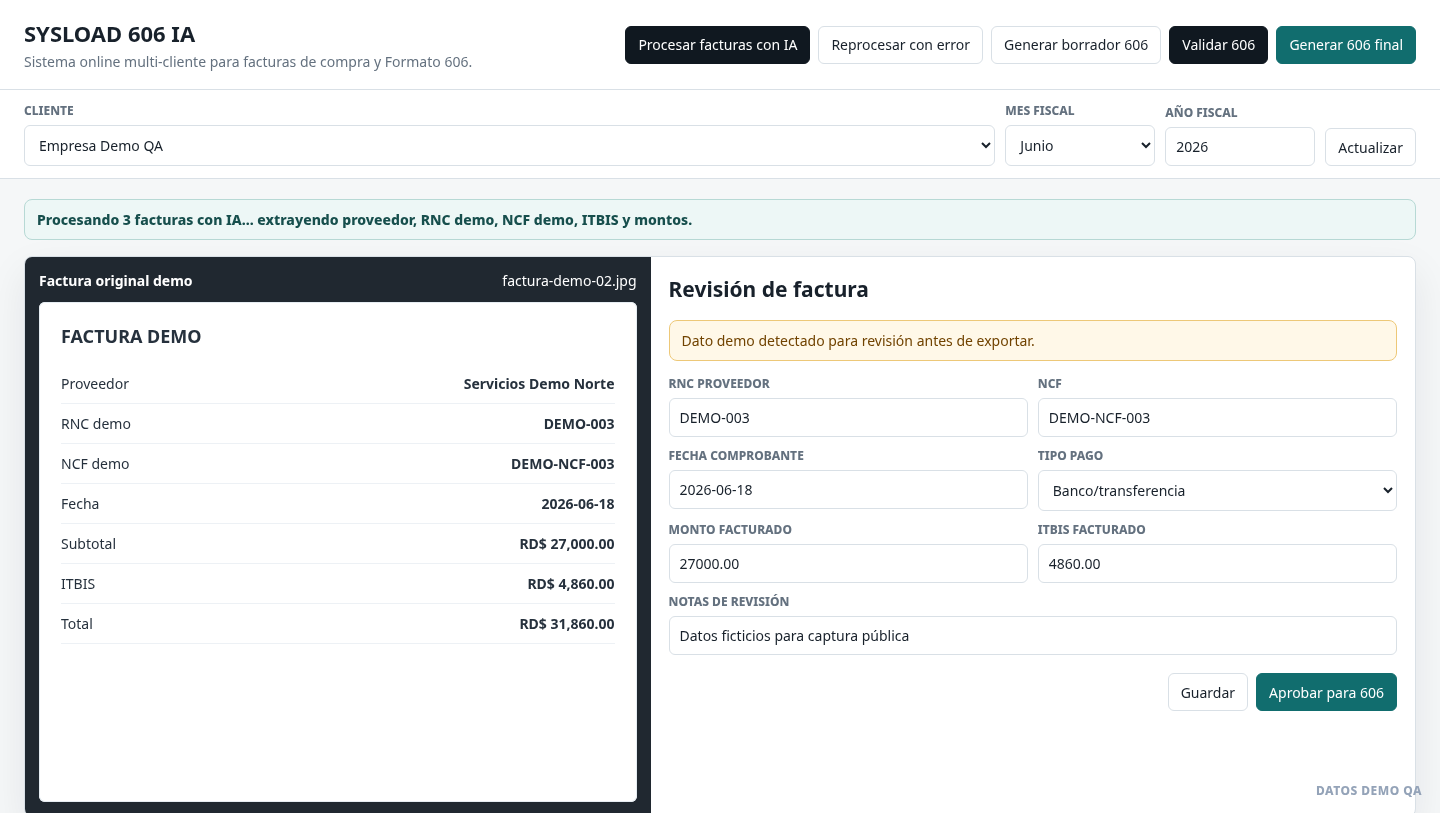 Revisión de factura demo con datos extraídos por IA en Nuborix IA 606
